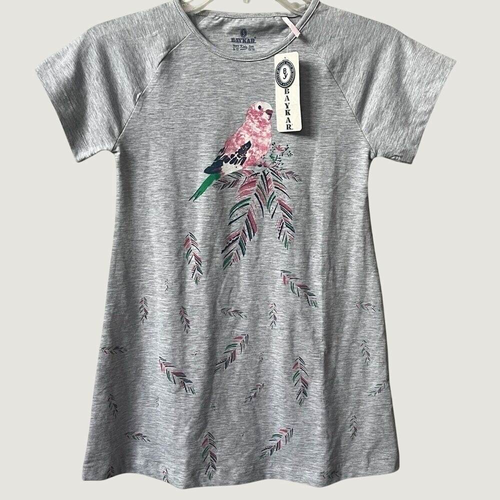 Short Sleeve Nightgown Dress Girls 10 Gray Stretchy Bird Feather BayKar NWT